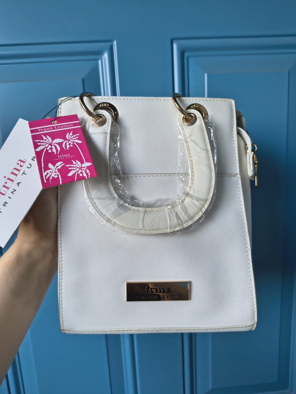 Trina Turk White Crossbody Tote with Gold Hardware